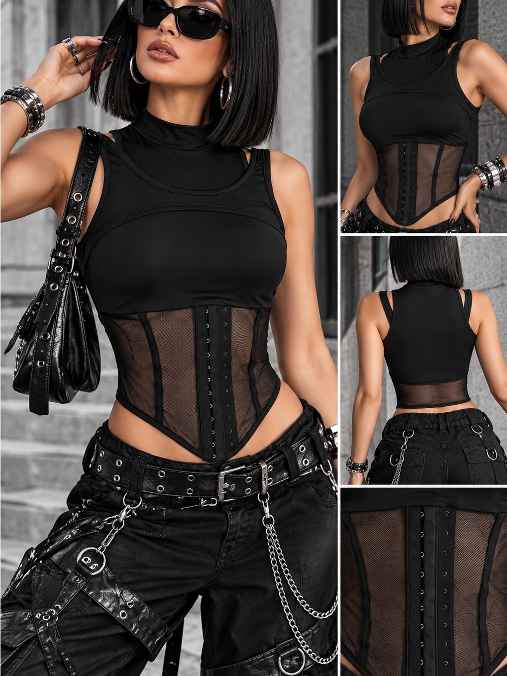 Black Mesh Corset Crop Tank Top with High Neck
